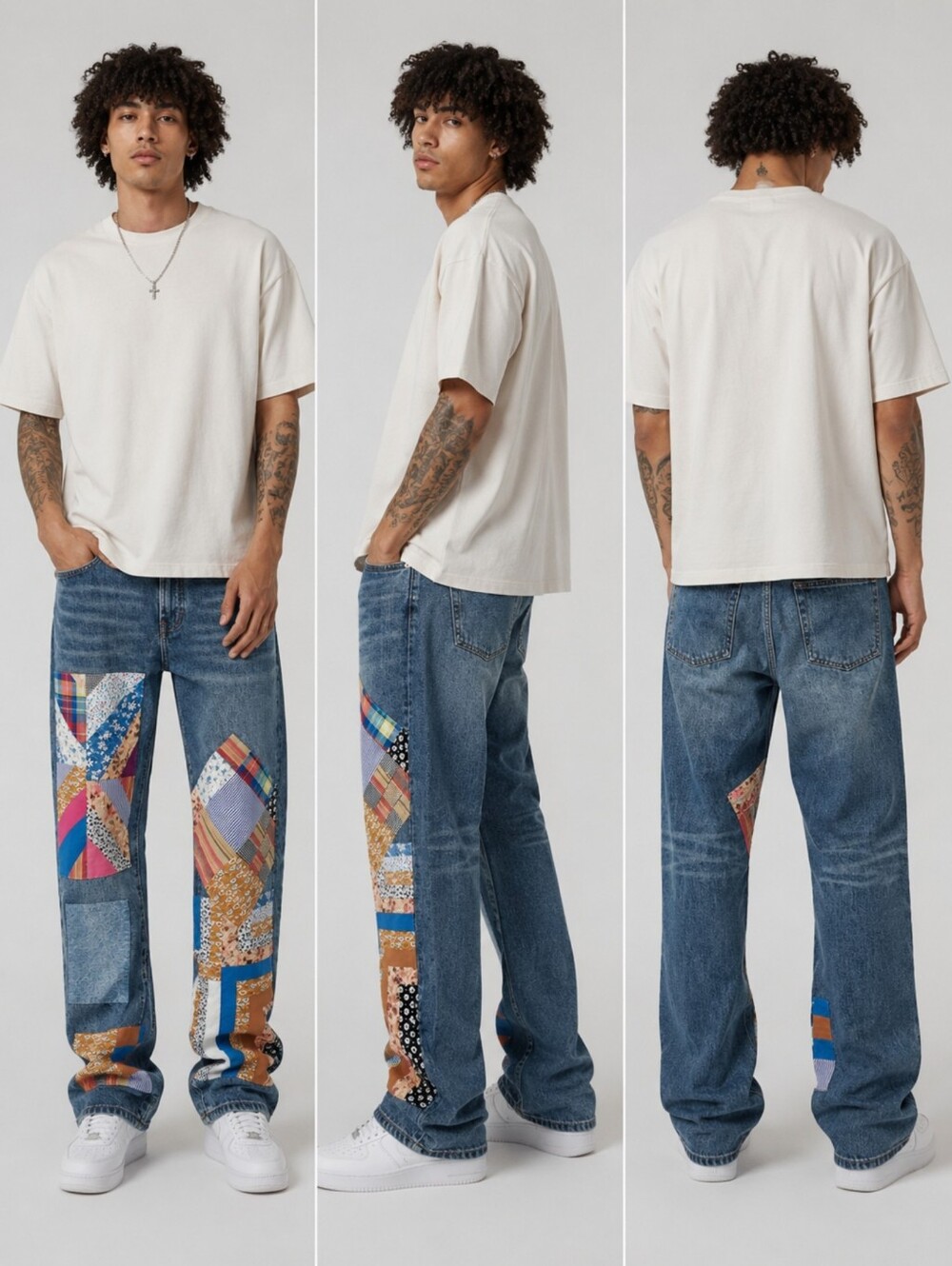 MNML V299 Baggy Patchwork Denim Jeans Size 31 Blue Quilt Y2K Boho